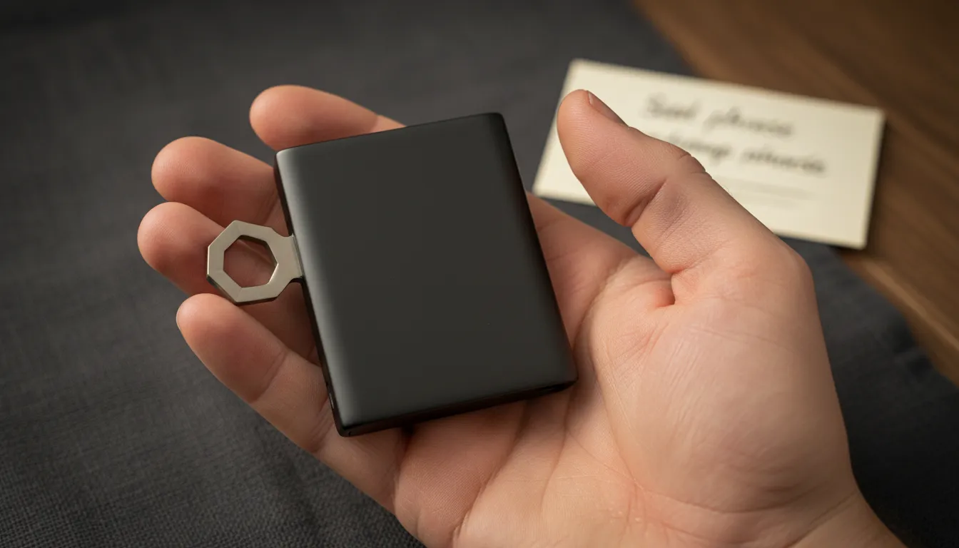 Nahaufnahme einer Hand, die ein unbranded Hardware‑Wallet und einen kleinen Metallschlüssel hält – Symbol für Self‑Custody und digitale Selbstverwaltung.