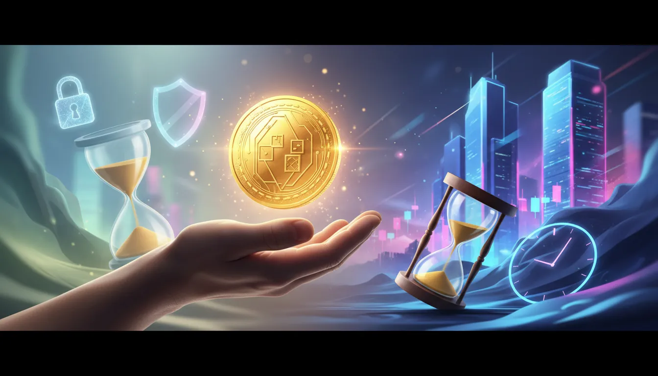 Symbolische Darstellung eines STR-Token: ein leuchtender, abstrakt gestalteter Coin schwebt über einer Hand, links sichere Symbole (Schloss, Schild), rechts dynamische Börsenlichter und eine fast leere Sanduhr – Dringende letzte Chance vor Börsenstart