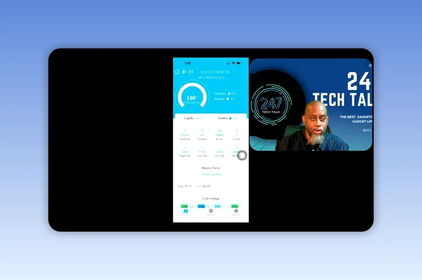Phone app dashboard displaying a connected battery at 100 percent charge
