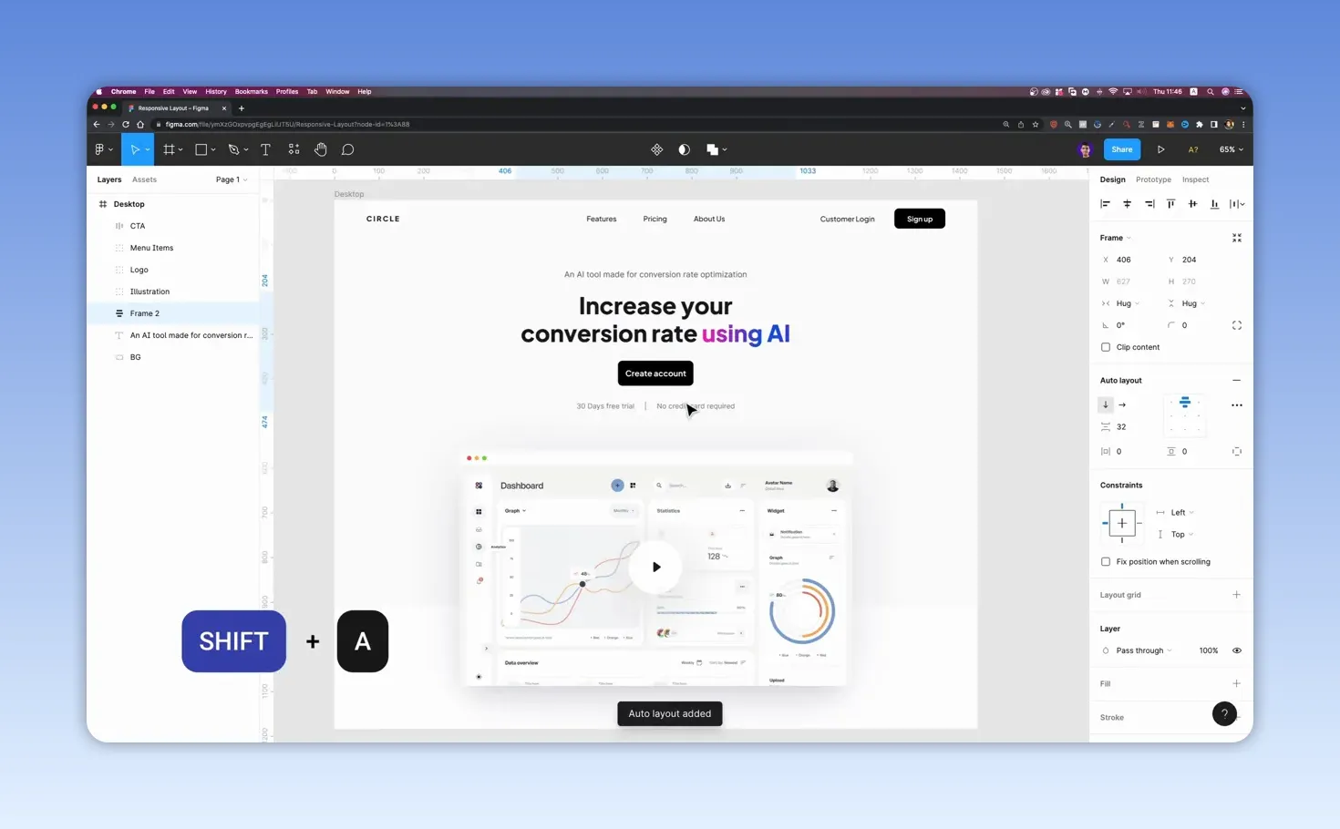 Khung nội dung tiêu đề, đoạn mô tả và nút bấm được chọn trong Figma với Auto Layout