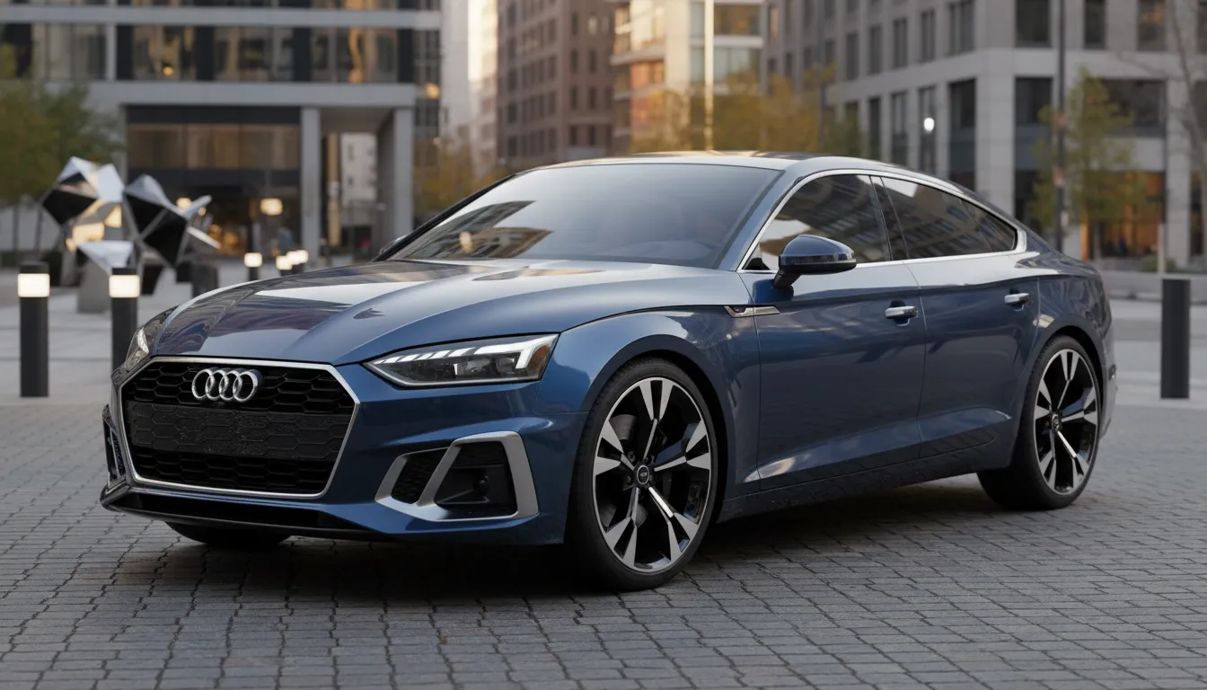 2026 Audi A5 sportback 3/4 front-left view in metallic slate blue showing flush door handles, chrome window trim and two-tone 19-inch wheels