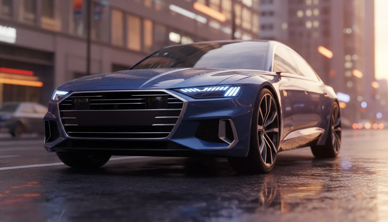 2026 Audi A6-inspired sedan three-quarter front view showing bold aggressive front end, sharp daytime running lights and large wheels at urban sunset