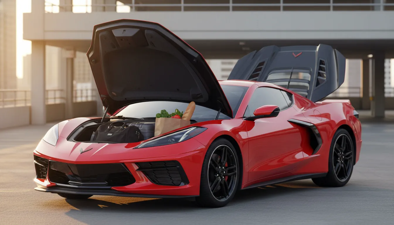 2026 Corvette Stingray 1LT three-quarter front view with open soft-lined frunk holding a duffel bag, groceries and a small suitcase, glossy red mid-engine sports car in a modern garage