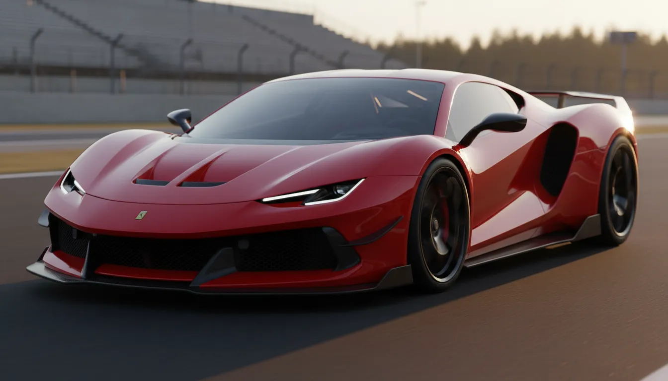 Red mid‑engine sports car with aggressive headlights, prominent front splitter, black accents, staggered performance wheels and carbon-fiber details at golden hour