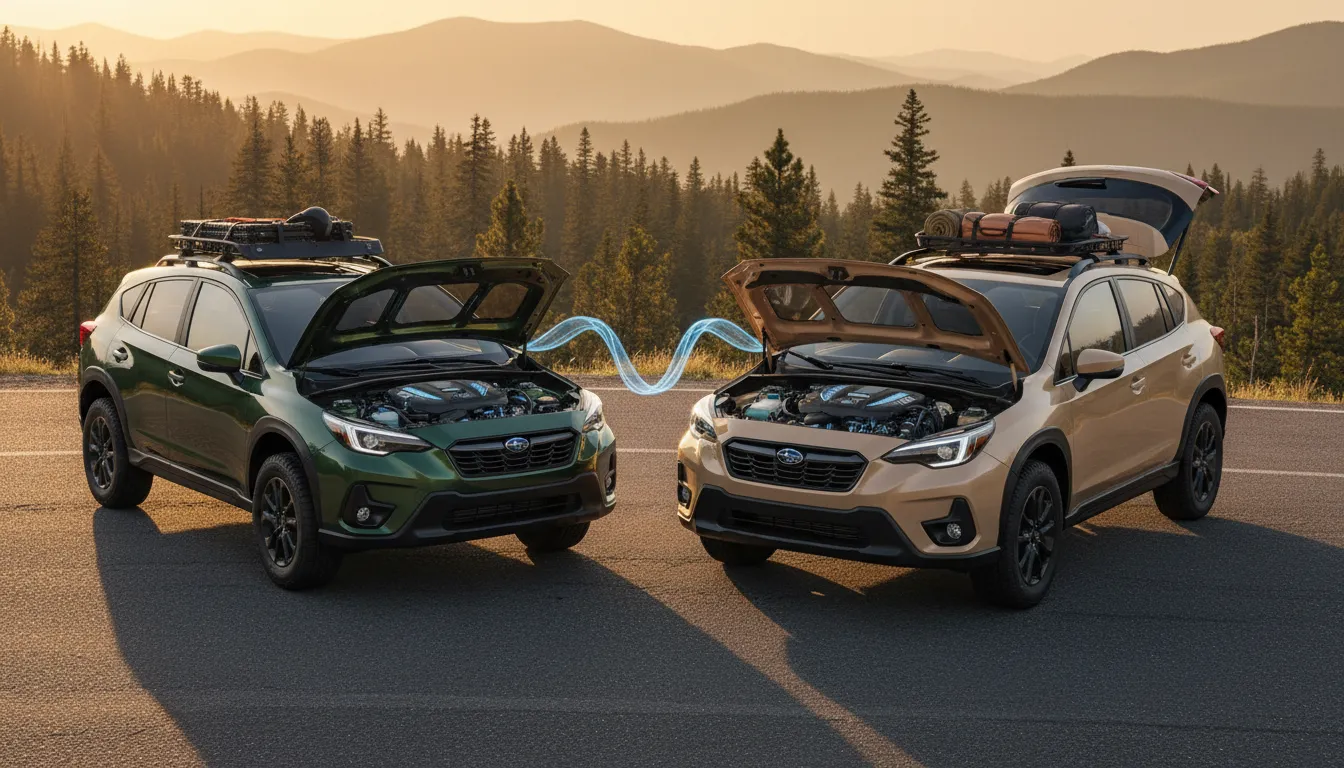 Side-by-side 2026 hybrid crossovers on a mountain road at golden hour — a smaller athletic crossover and a larger family crossover with open hatch, transparent hoods showing matching hybrid engines linked by a blue energy ribbon, forested mountains behind