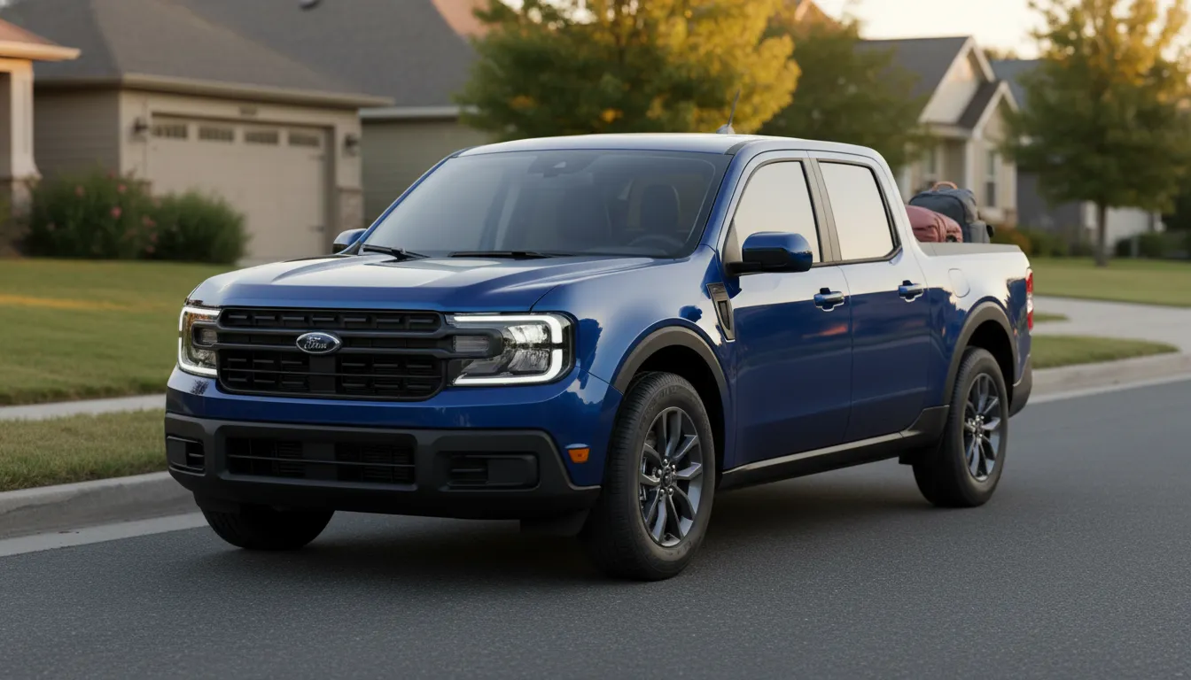 2026 Ford Maverick Hybrid XL front three-quarter view parked on a suburban street at golden hour — blue exterior with unpainted black trim showcasing compact hybrid pickup design