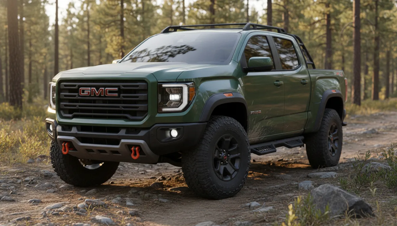 2026 GMC Canyon AT4-style midsize pickup on a rocky forest trail at golden hour, showing boxy hood, split headlights, skid plate, recovery points and 265/65R18 all-terrain tires