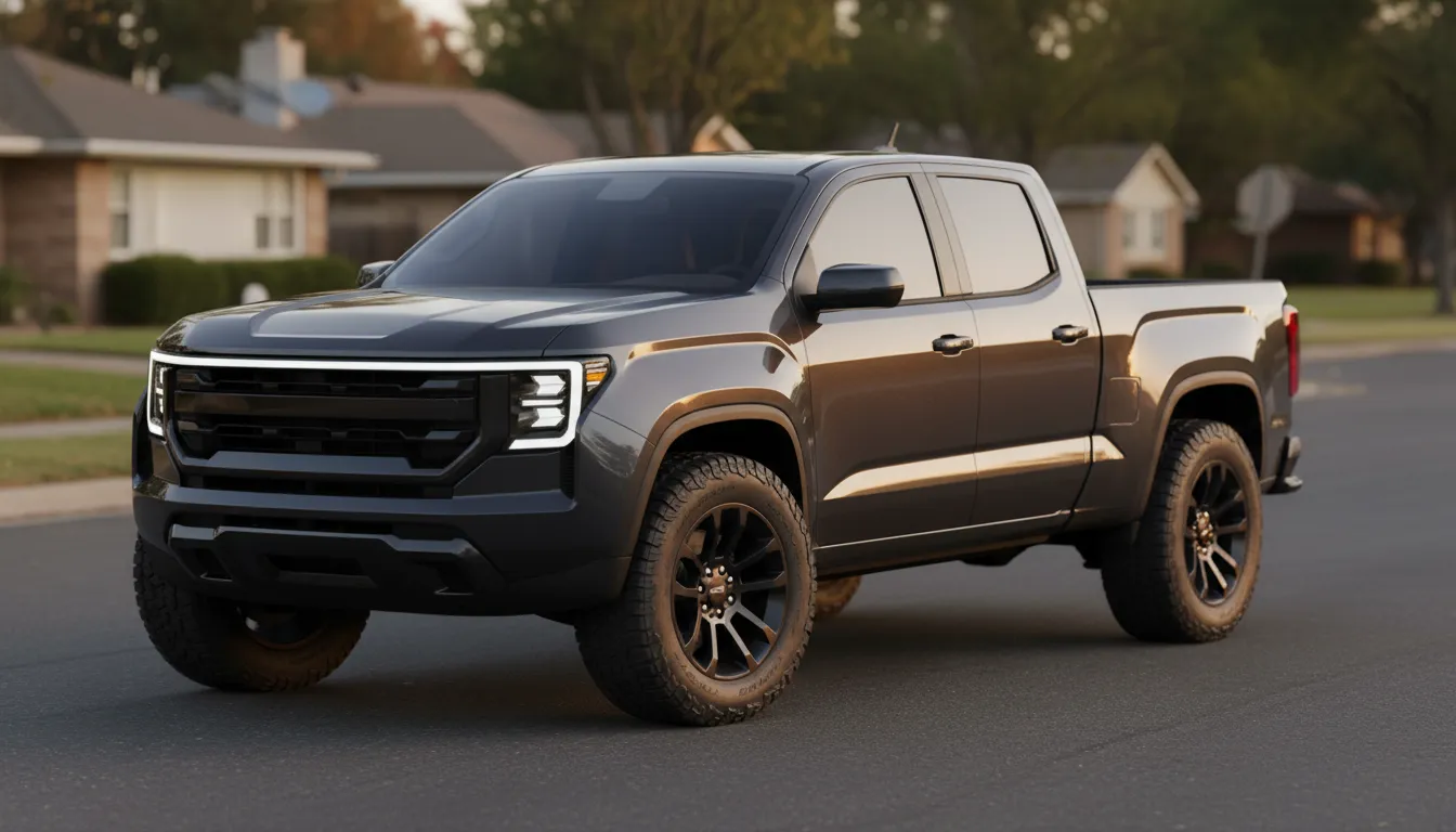 2026 GMC Canyon Elevation mid-size pickup in deep metallic charcoal parked on a suburban street at golden hour with blacked-out trim and alloy wheels