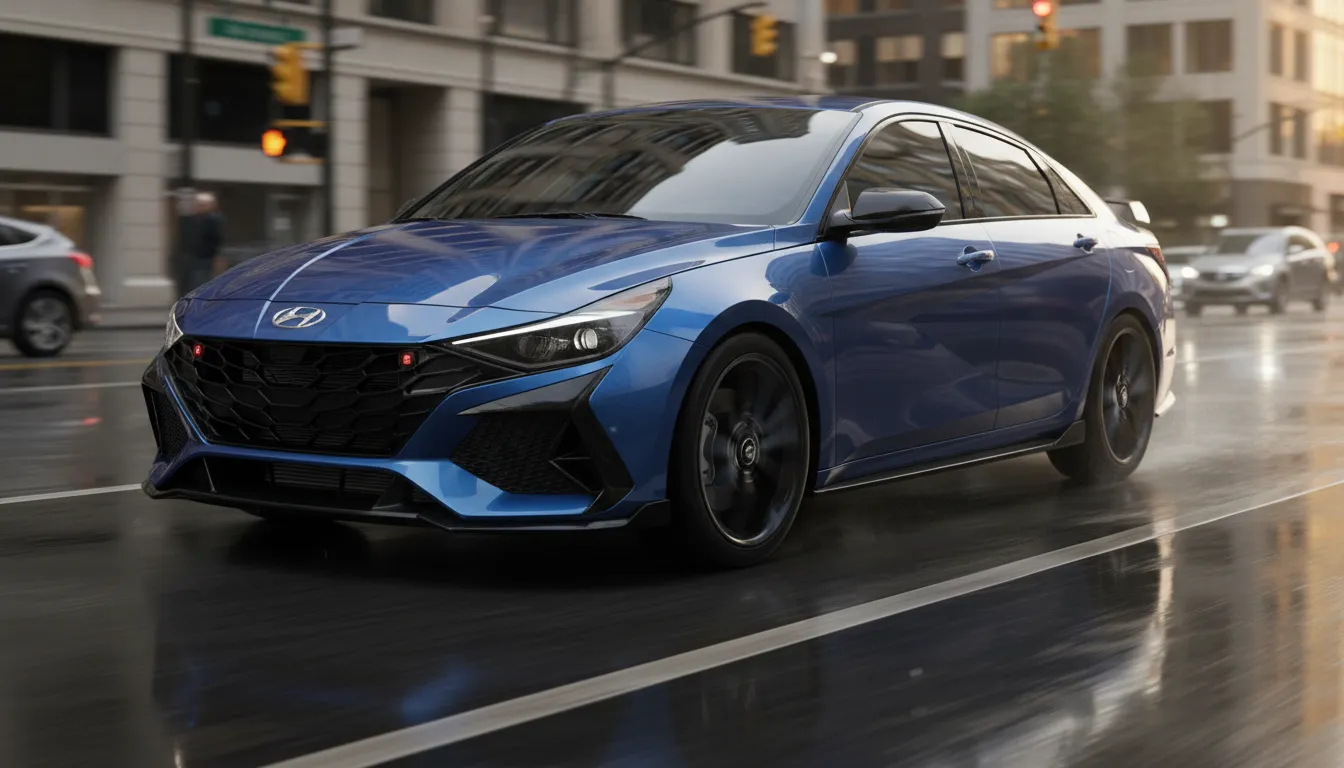 2026 Hyundai Elantra N-Line style sporty compact sedan in motion on an urban morning commute, three-quarter front view highlighting sharp creases, matte black trim and glossy alloy wheels with wet street reflections