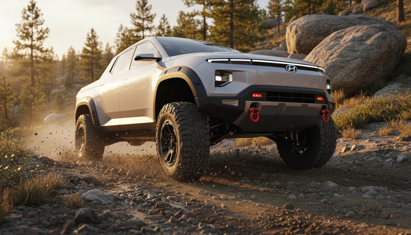 2026 Hyundai Santa Cruz XRT-style crossover pickup climbing a rocky muddy trail, showing raised ride height, all-terrain tires and recovery hooks