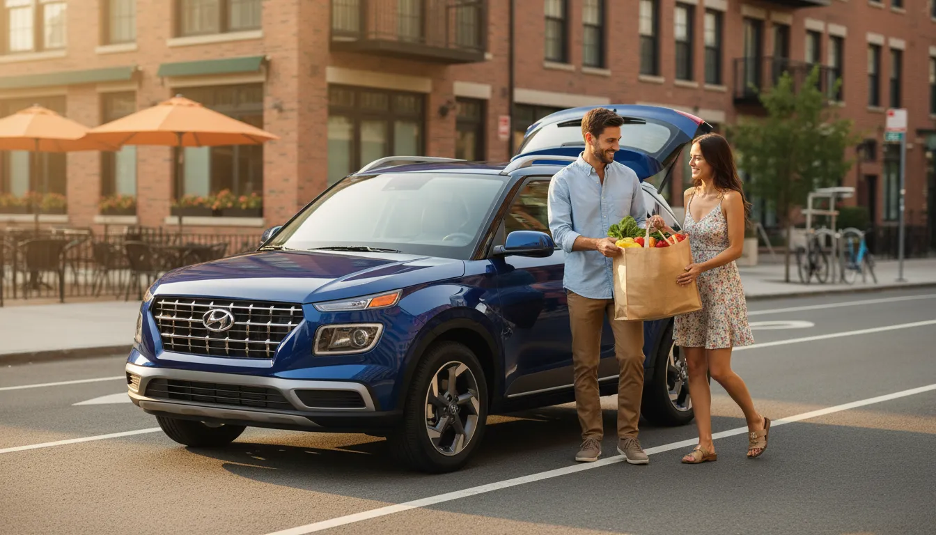 2026 Hyundai Venue compact crossover parked on a sunny city street with trunk open and a young couple loading groceries, illustrating affordable urban practicality