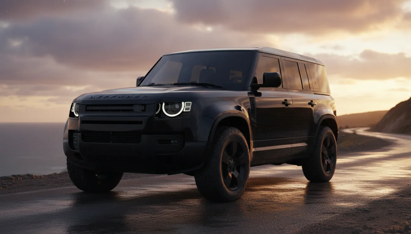 Black 2026 Defender 110-style SUV with blacked-out trim parked on a rugged coastal road at golden hour, showing high ground clearance and all-terrain tires