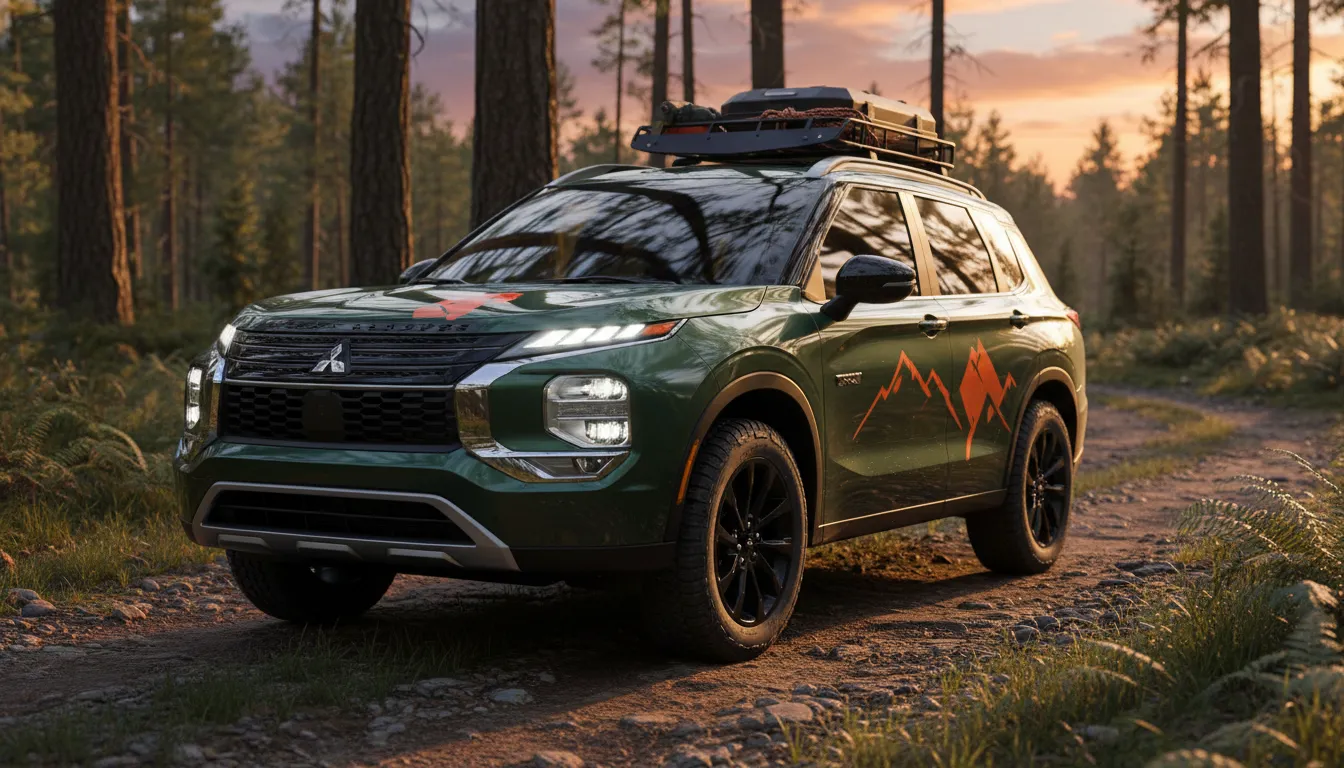 2026 Mitsubishi Outlander Trail Edition on a muddy forest trail at golden hour, three-quarter front view showing hood decal, split headlights, roof rack and rugged fender flares