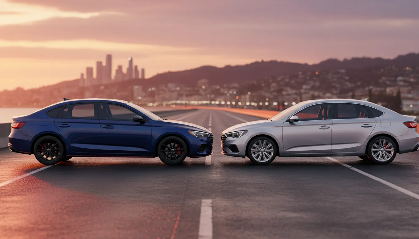 2026 Nissan Sentra vs 2026 Toyota Corolla — two modern compact sedans (sporty blue hatchback and elegant silver sedan) facing each other on an open road at sunset, highlighting sporty vs upscale design; no logos or text