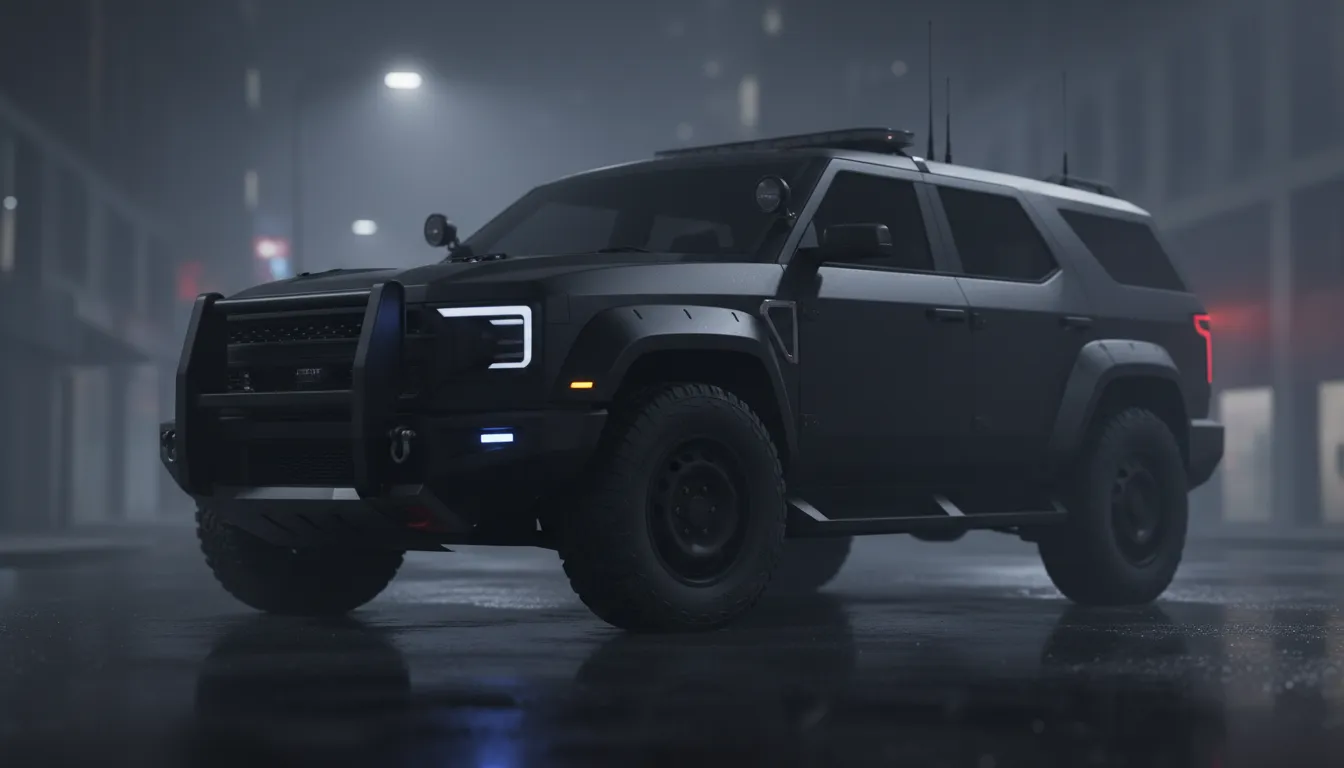2026 police SUV interceptor in matte black three-quarter night view highlighting stealth LED lighting, push bumper and rugged tactical exterior features