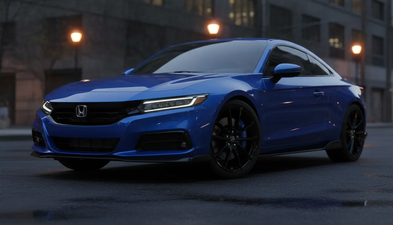 2026 Honda Prelude Boost Blue three-quarter front view at dusk with blacked-out accents, dark blue front splitter, flush door handles and 19-inch aggressive wheels with blue brake calipers