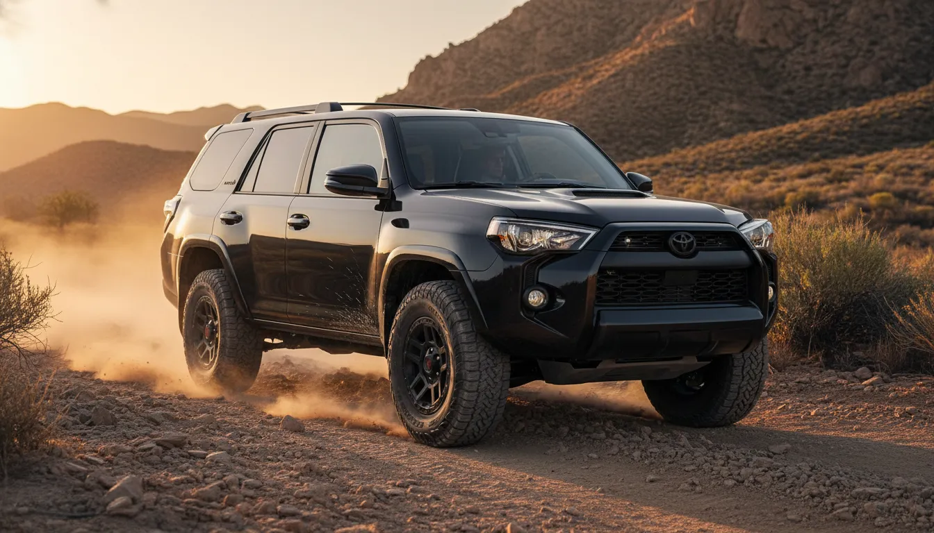 2026 Toyota 4Runner TRD Off-Road on a rocky trail at golden hour with blacked-out trim, rugged fender flares and all-terrain tires kicking up dust