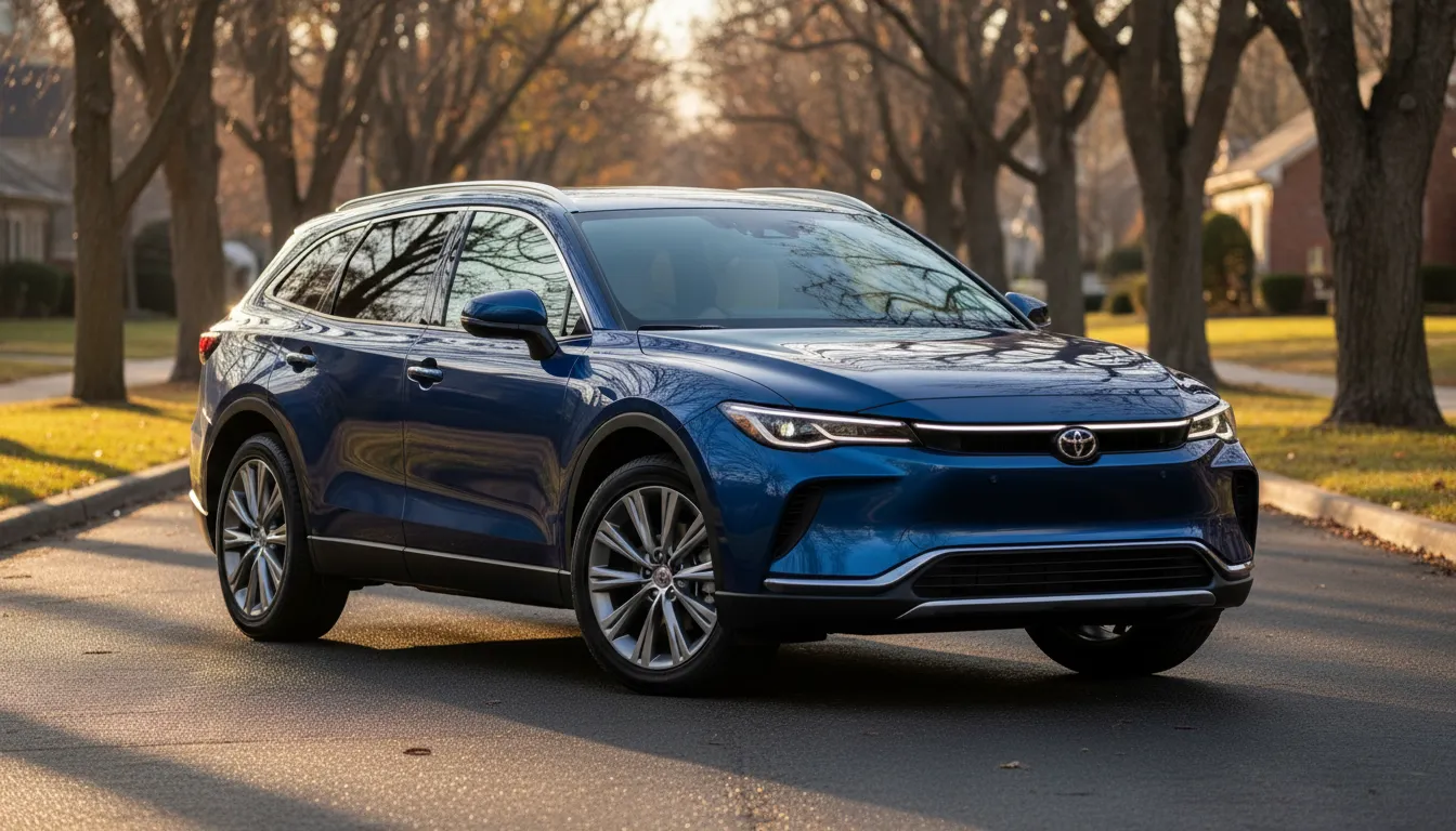 Three-quarter front view of a deep blue 2026 mid-size crossover with a wagon-like roofline and split LED lighting, parked on a tree-lined street at golden hour with an open rear door showing a spacious leather interior.
