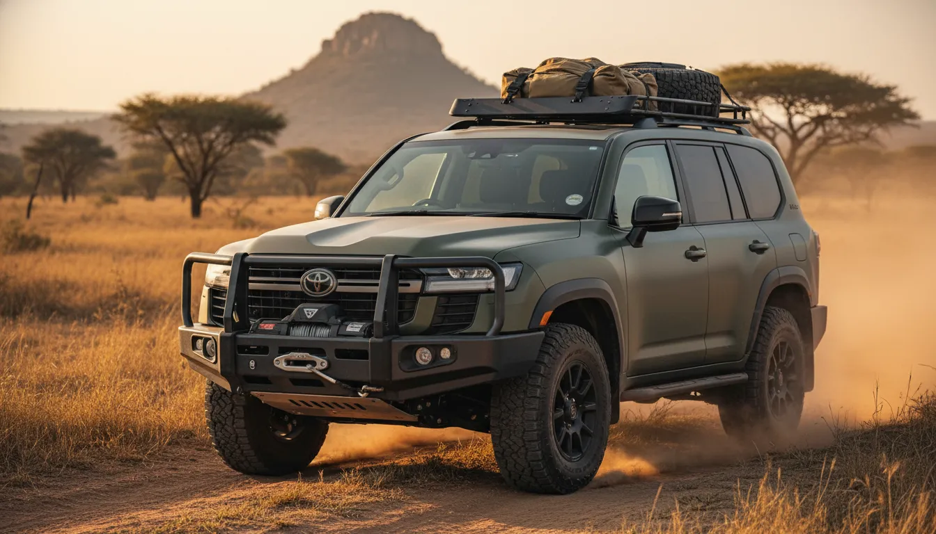 Expedition One modified Land Cruiser 250 with steel brush guard and integrated winch on a dusty savanna road at golden hour
