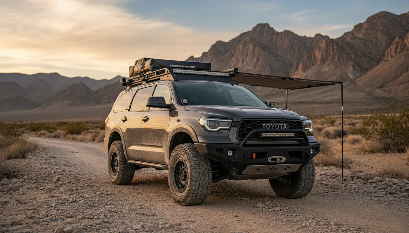 Expedition One–modified Toyota Sequoia TRD Pro overland build with rooftop tent and awning, integrated brush guard and aftermarket bumper, factory light bar and skid plate, parked on a rugged desert trail at golden hour