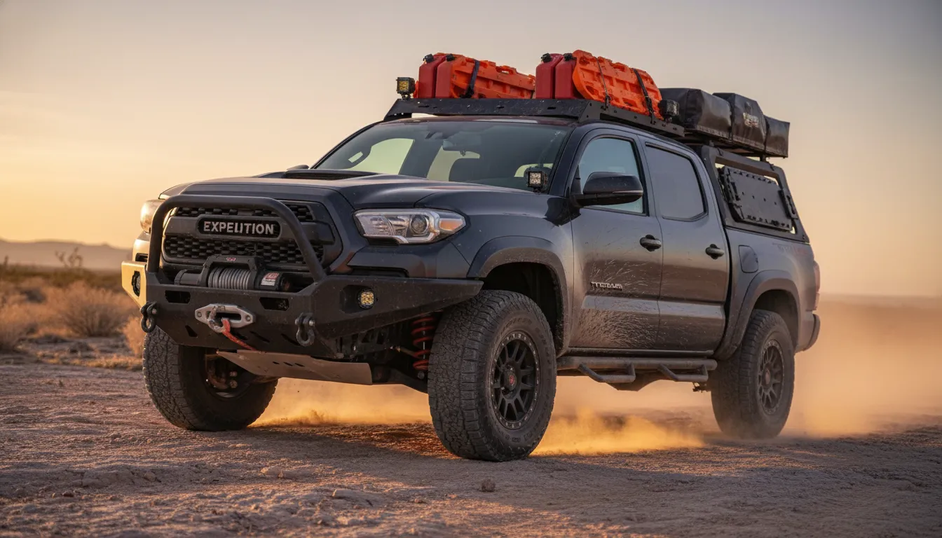 Expedition One Tacoma overlander on rocky trail showing steel front bumper with winch and lights, lifted suspension, shocks, step sliders and roof rack at golden hour