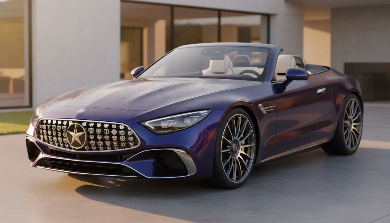 Opulent Maybach SL680-style convertible with embossed monogram exterior, ornate multi-badge grille and 21-inch multi-spoke wheels parked on a sunlit driveway