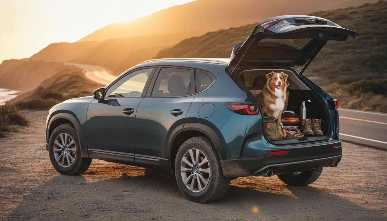 Crossover SUV parked on a coastal highway at sunset with the rear hatch open to reveal a dog and travel gear; light dust and mud on the vehicle suggests extensive road use and long trips.