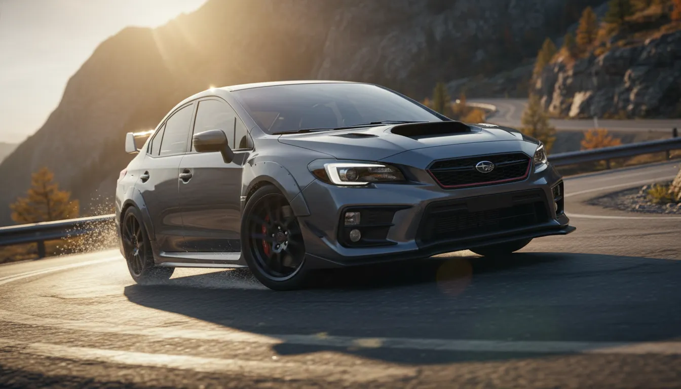 Blue WRX TS-style sporty sedan on a twisty mountain road at golden hour, three-quarter front view showcasing hood scoop, 19-inch wheels, red accents and motion blur
