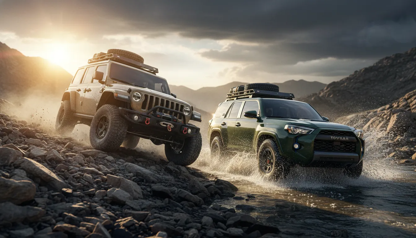 Two 2026 off-road SUVs—Wrangler Rubicon climbing rocky terrain and 4Runner Trailhunter splashing through a stream—in dramatic golden-hour mountain scenery.