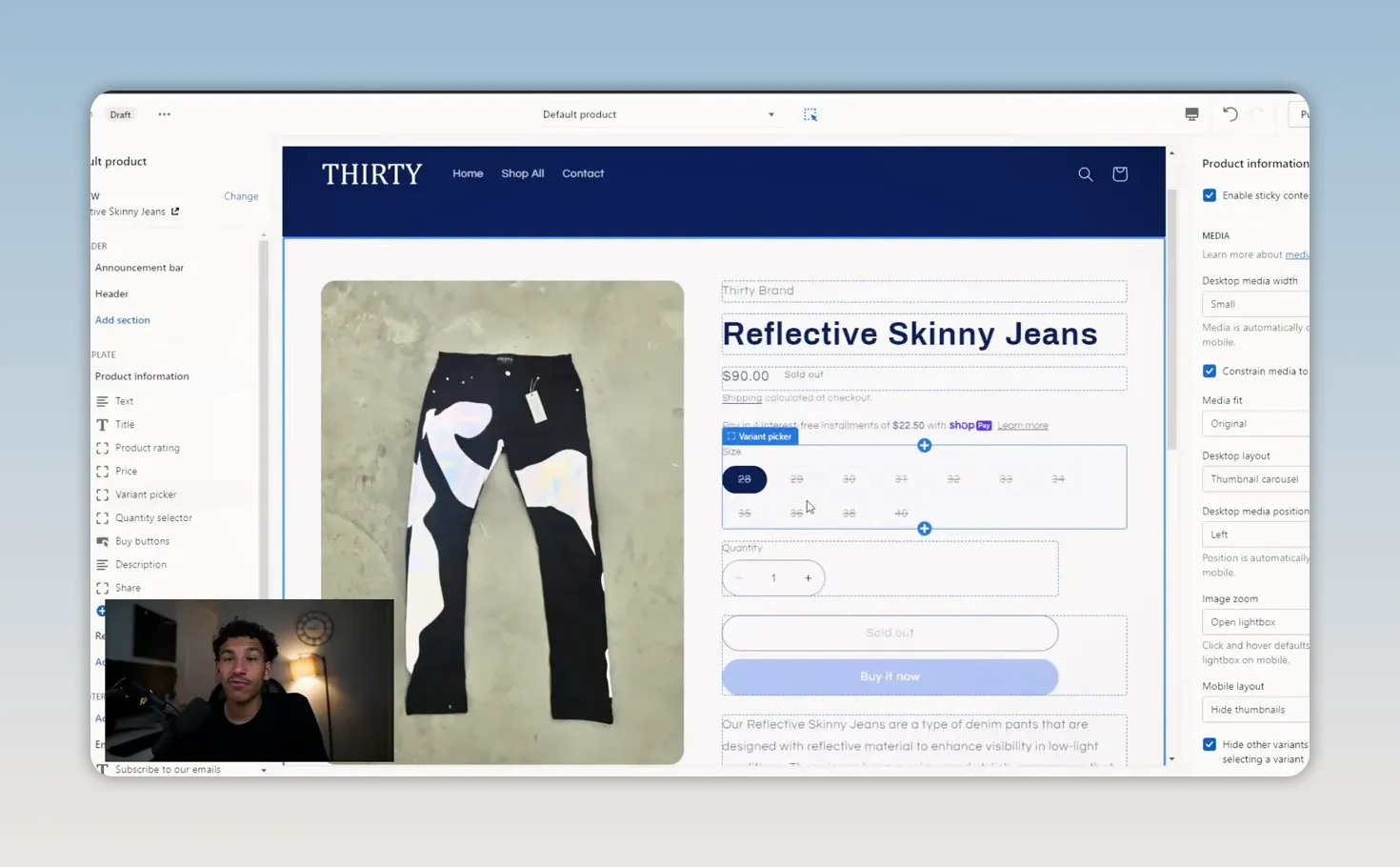 Trang sản phẩm Shopify có ảnh quần jean, lựa chọn kích cỡ và nút thêm vào giỏ hàng