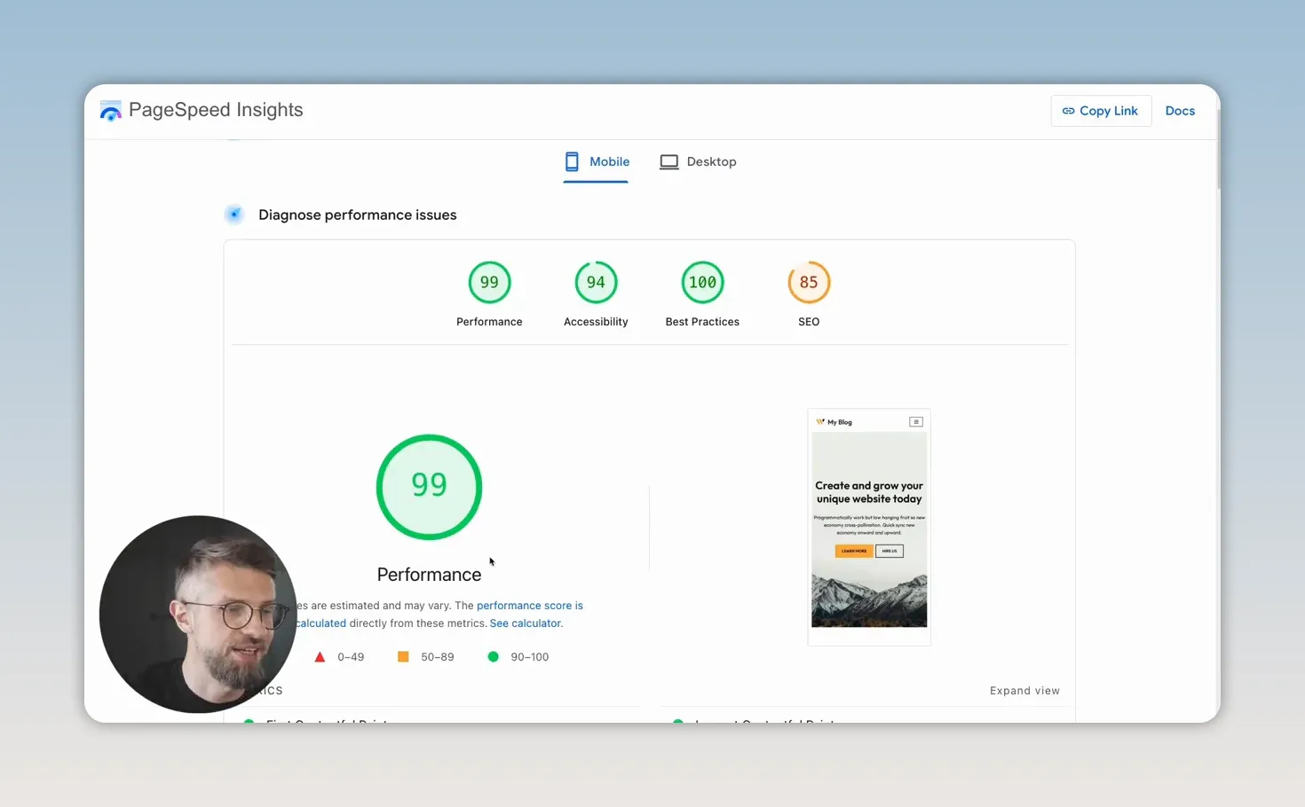 Báo cáo PageSpeed Insights hiển thị điểm hiệu năng 99 sau khi tối ưu cache