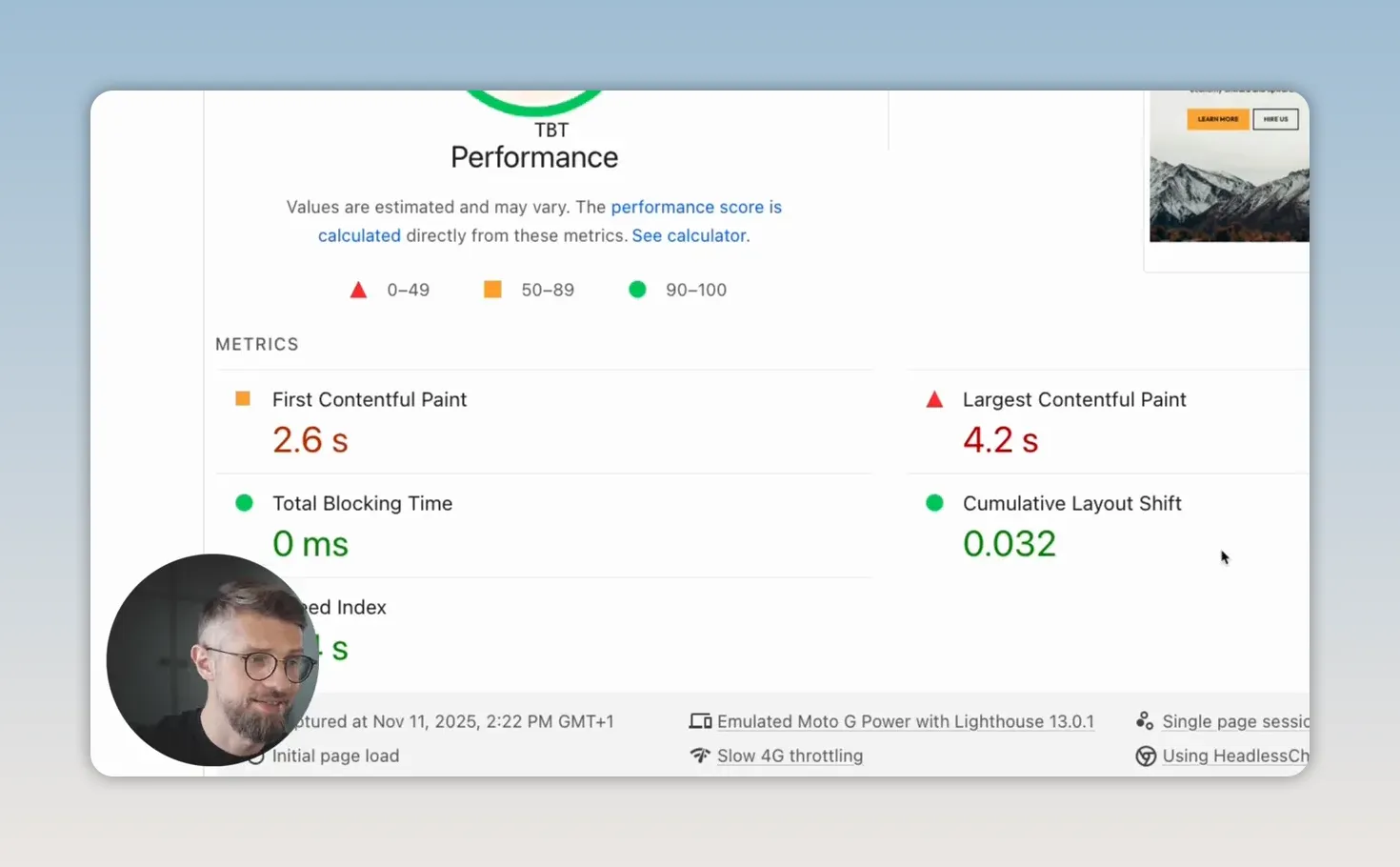 Báo cáo PageSpeed Insights hiển thị điểm hiệu năng 82 cùng các chỉ số FCP và LCP