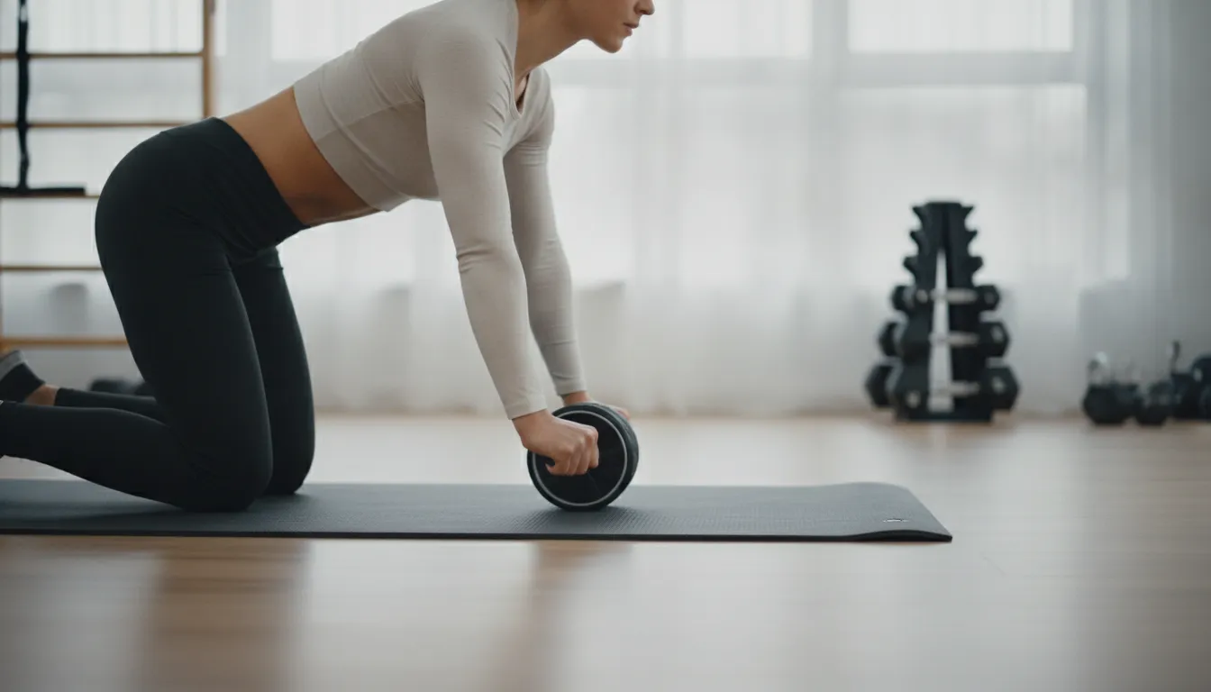 Persoon op een oefenmat op de knieën met een ab roller in een gecontroleerde start- en rolloutpositie voor coretraining