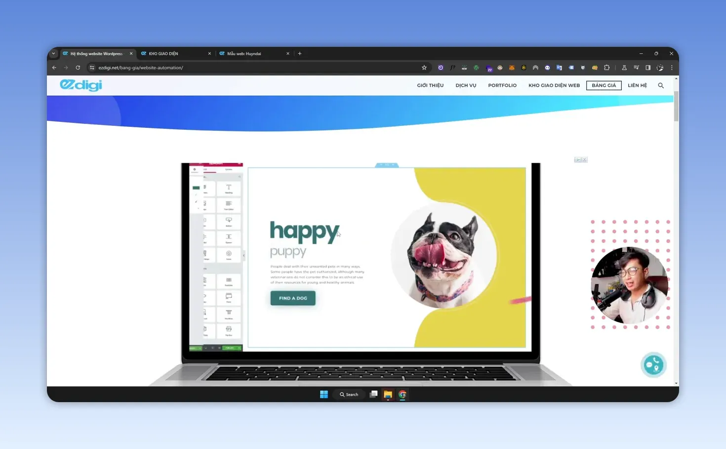 Giao diện chỉnh sửa website kéo thả hiển thị trên màn hình máy tính xách tay