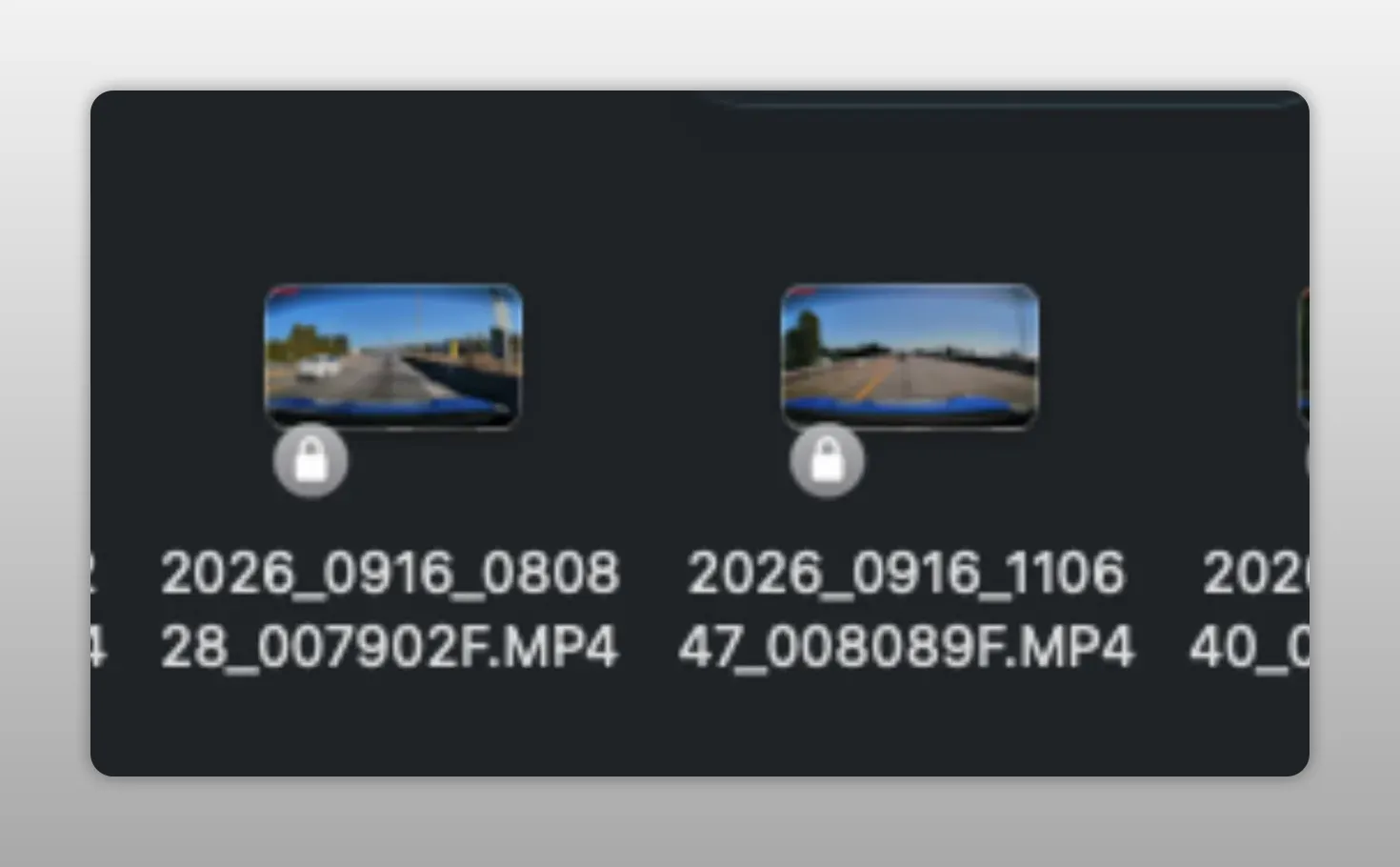 File browser showing dash cam video thumbnails with lock icons below two files