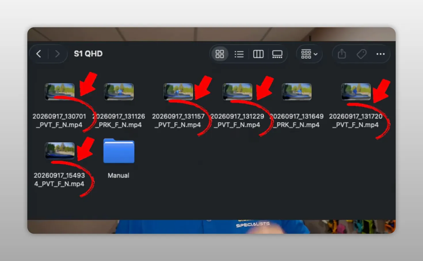 File browser showing Vueroid video files marked with red arrows and circles