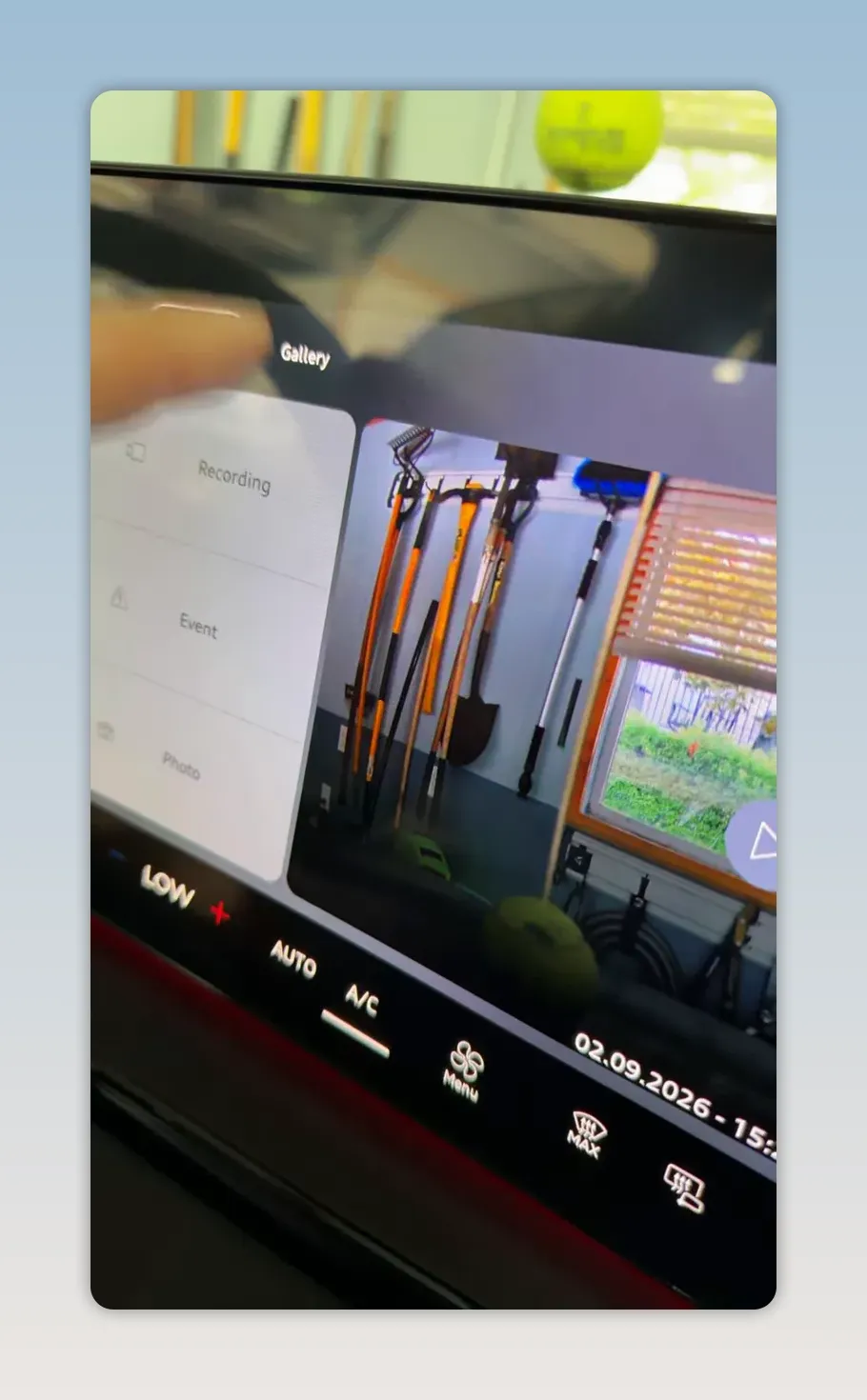 Audi infotainment display showing Recording and Gallery tabs with a saved video preview