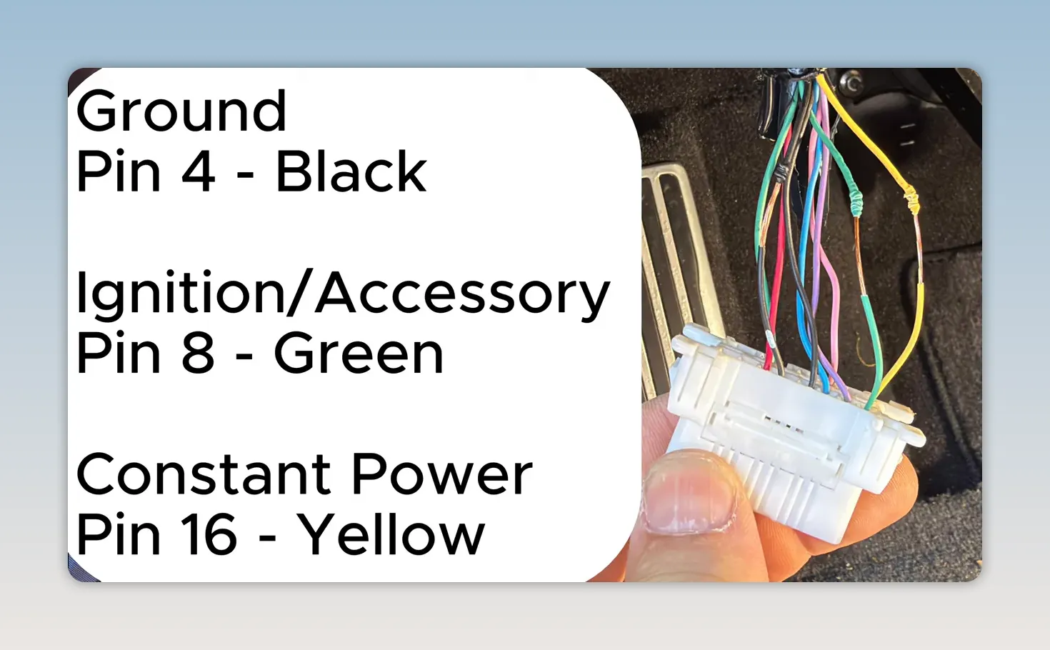 OBD2 connector wiring diagram showing ground pin 4 black, ignition pin 8 green, and constant power pin 16 yellow