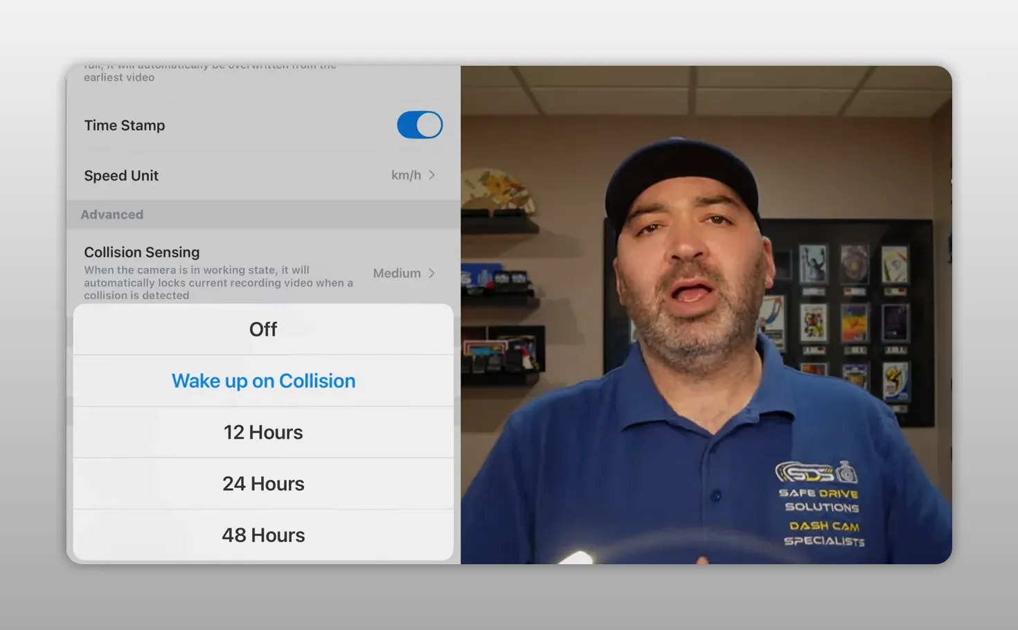 Parking mode timer menu showing off wake up on collision 12 hours 24 hours and 48 hours