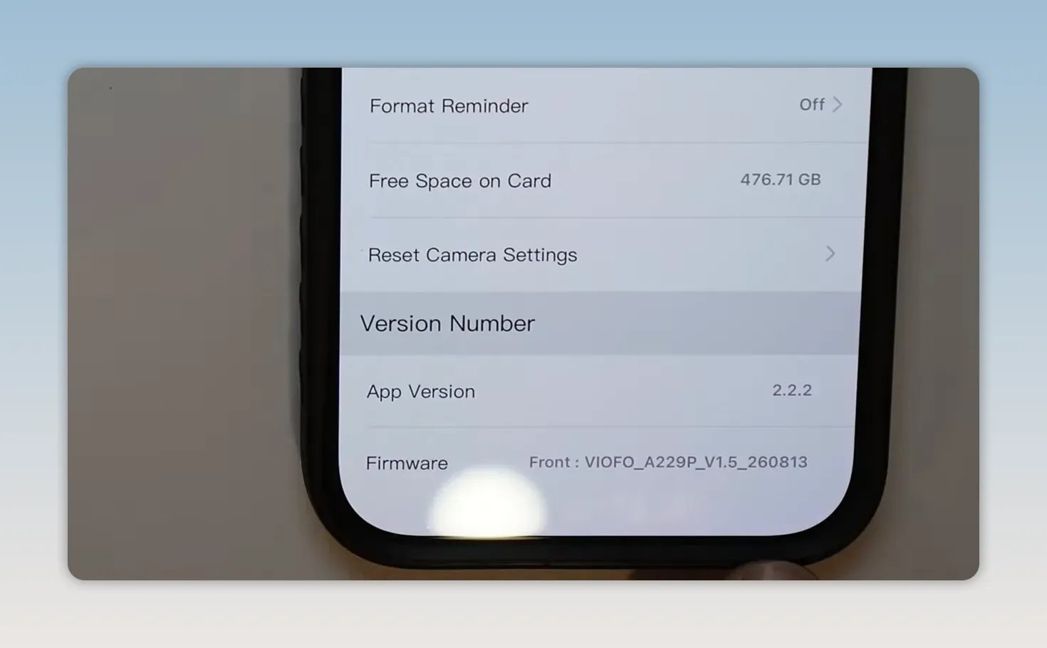 Viofo app Version Number screen showing updated front camera firmware V1.5 260813
