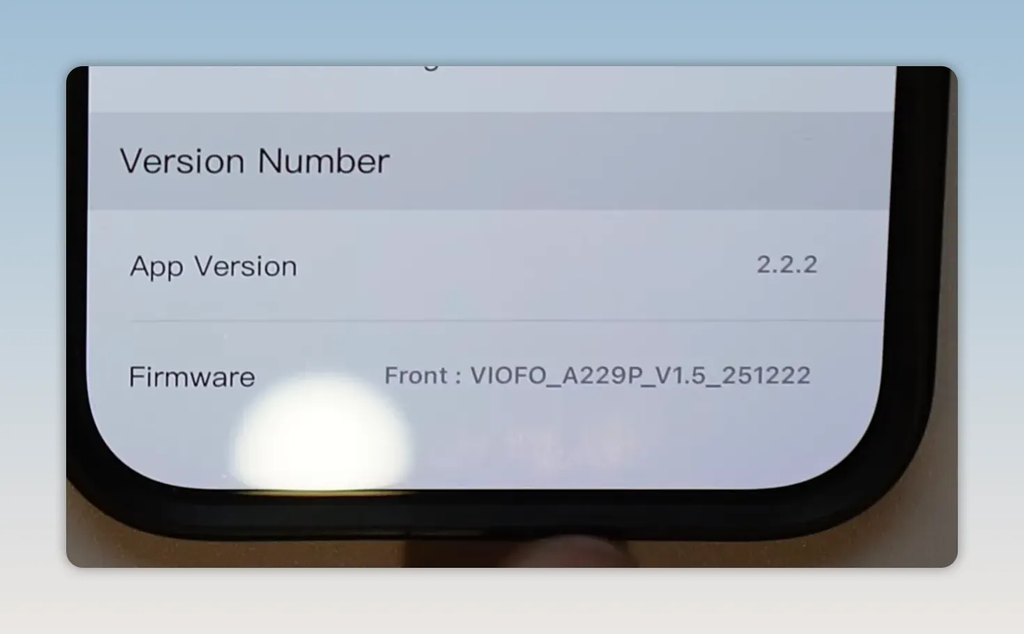 Viofo app Version Number screen showing front camera firmware information