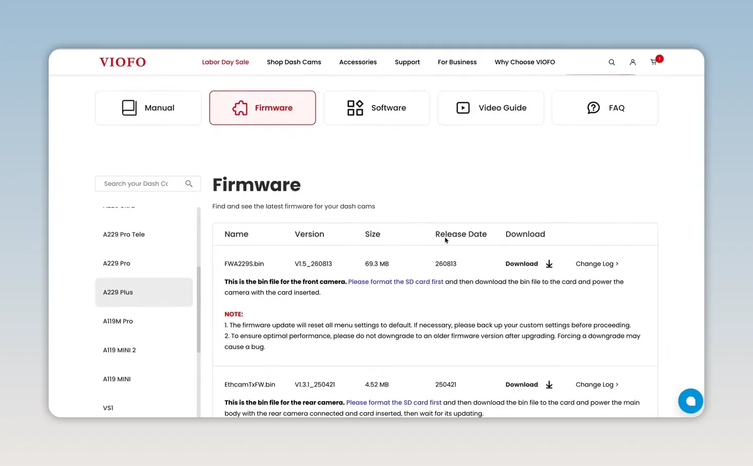 Viofo Help Center firmware page with A229 model firmware listings
