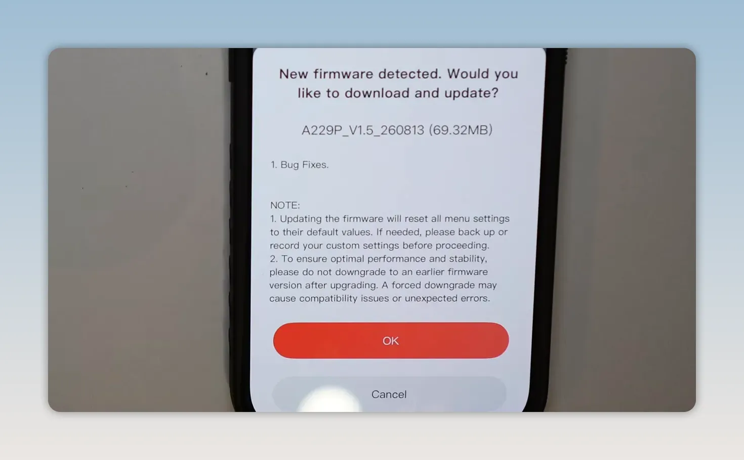 Viofo app message asking to download and update newly detected firmware
