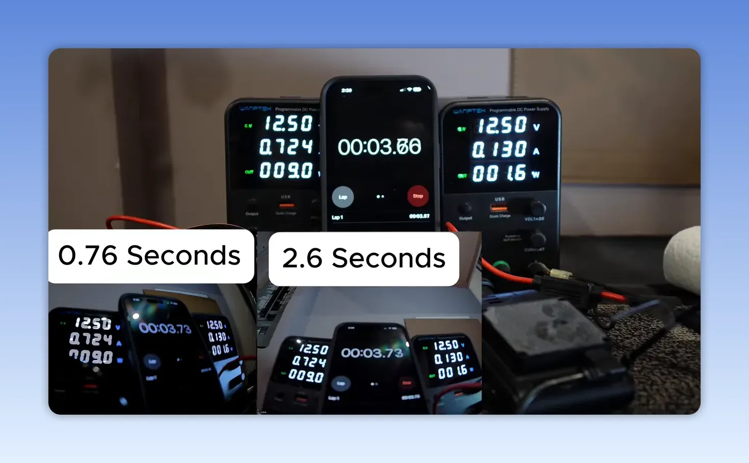 Three dash cameras with timing labels for startup recording test