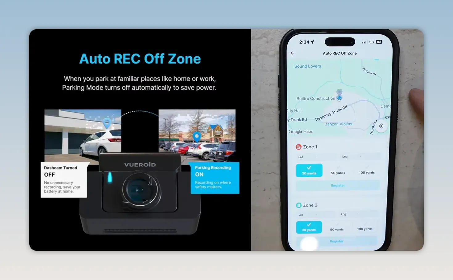 Phone map showing Auto REC Off Zone settings beside dash camera