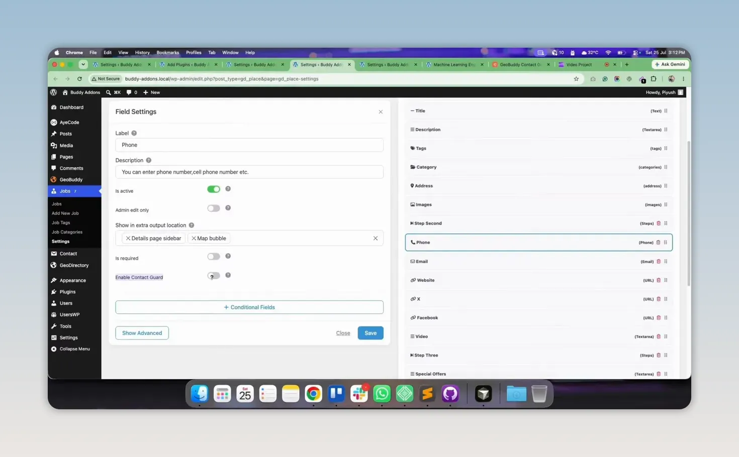GeoDirectory custom field settings with Contact Guard controls enabled