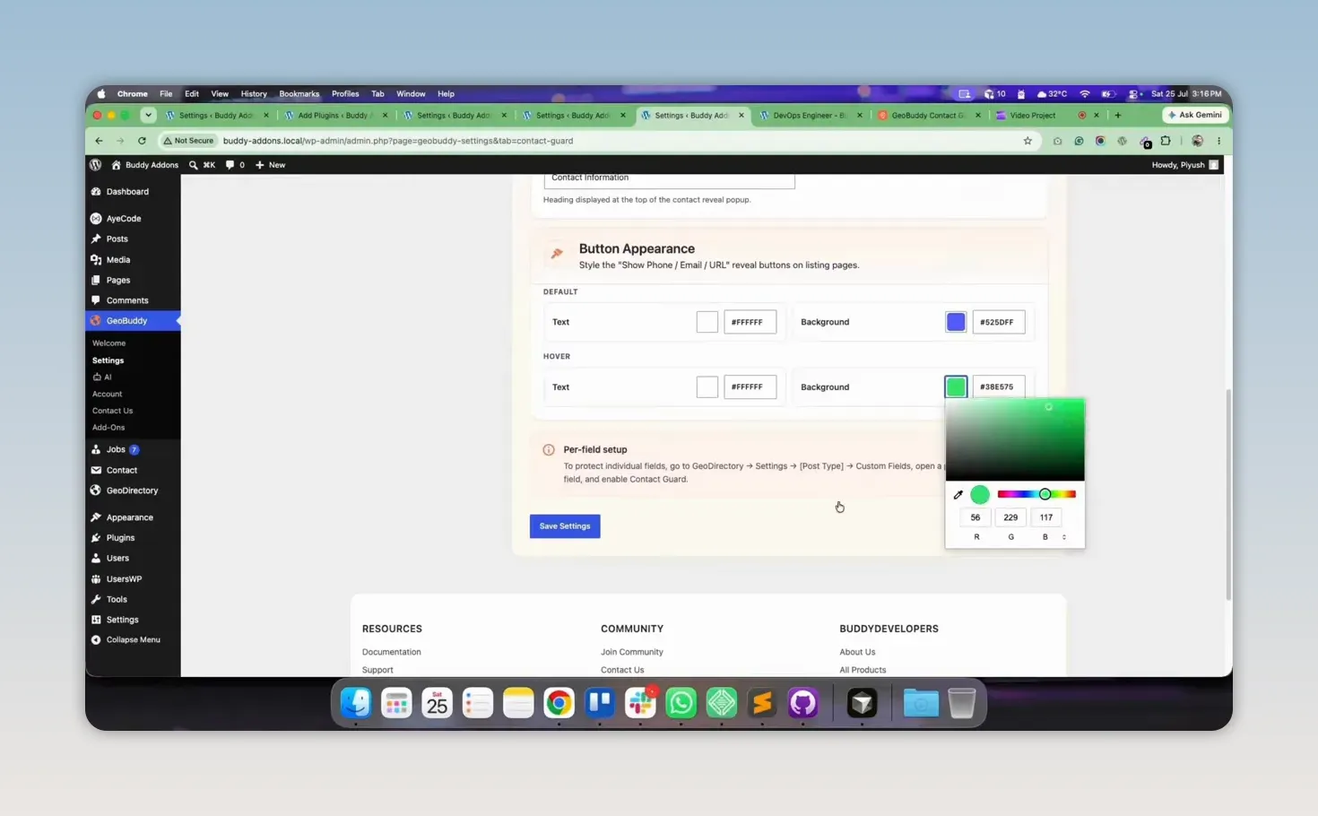 Contact Guard button appearance settings with color controls