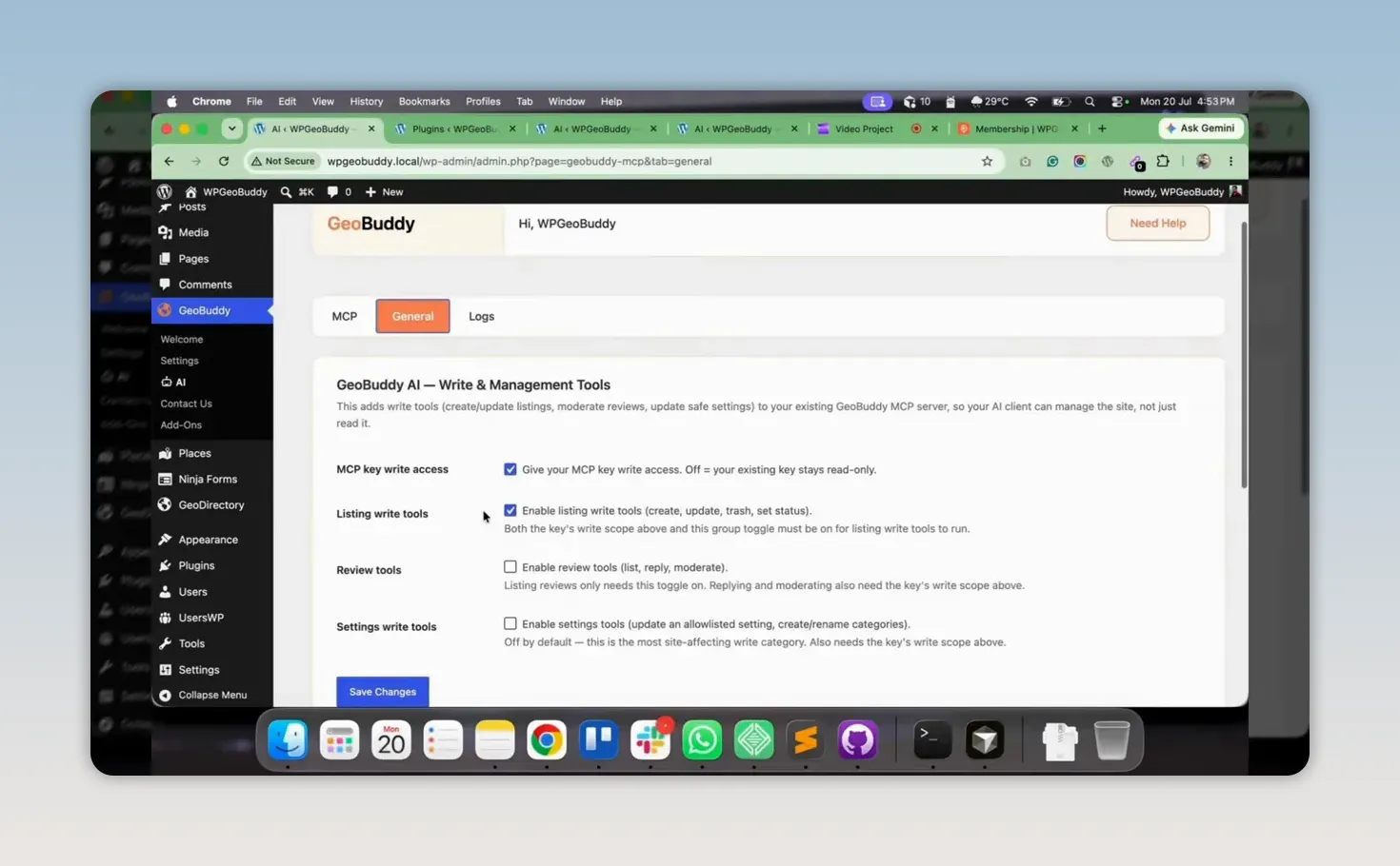 WordPress GeoBuddy AI settings page with MCP write and listing write options