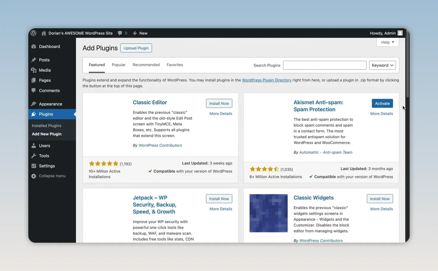 Trang cài đặt plugin WordPress hiển thị các plugin có nút cài đặt