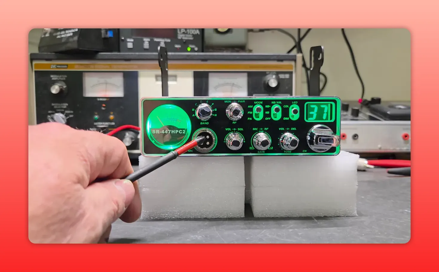 Sr-447hpc2 front panel controls with microphone connector and seven-color LED display